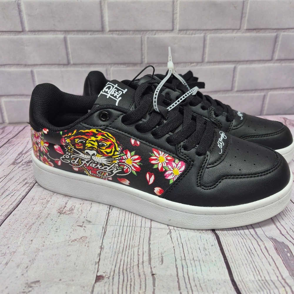 Ed Hardy Womens Tiger Floral Black Court Sneakers EH06399002 Size 10 Low Top